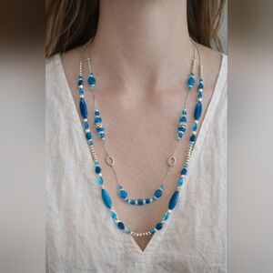 Elegant Blue and Silver Layered Necklace 19 Inches Long